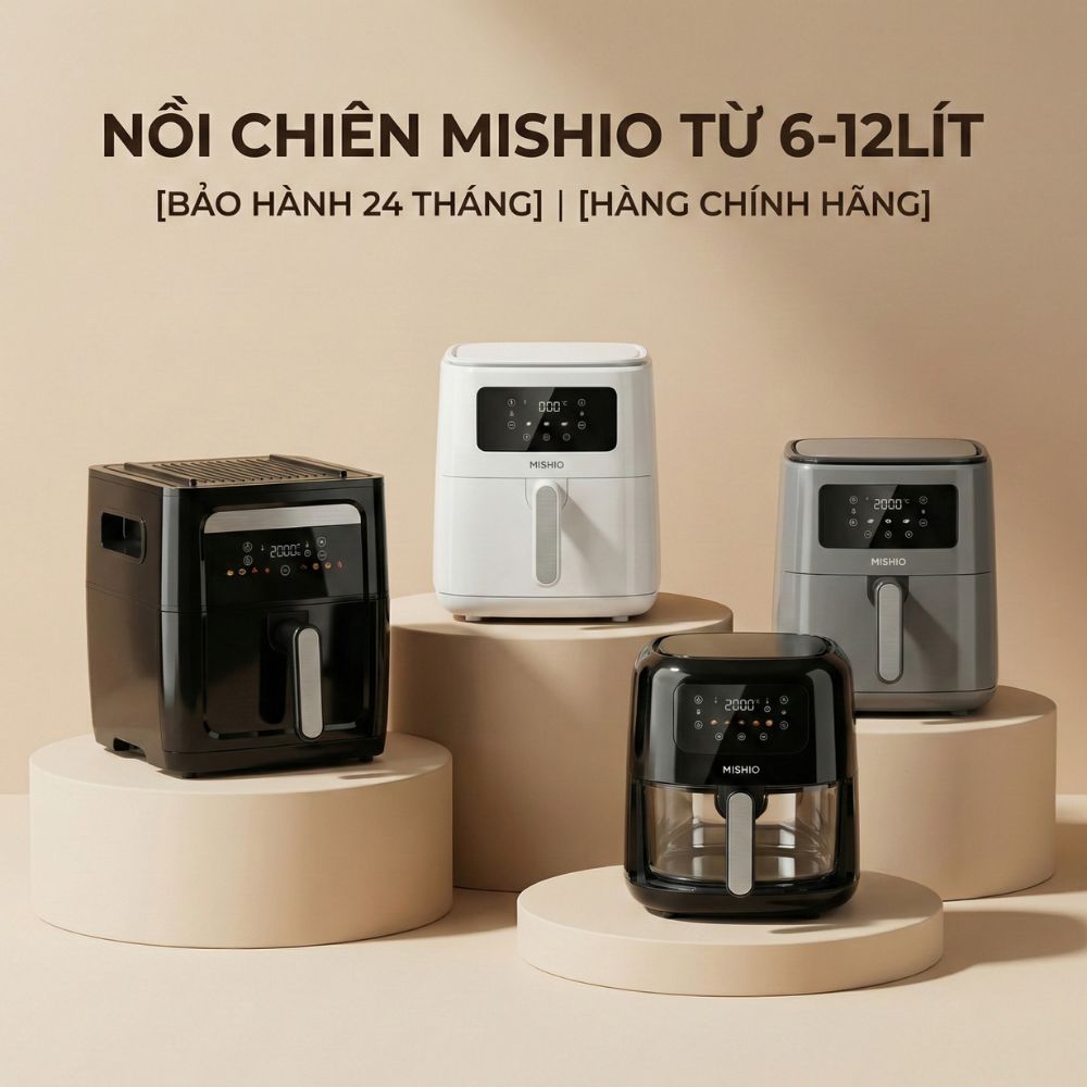 Nồi chiên không dầu lòng nồi thuỷ tinh 7L Mishio MK373 dễ vệ sinh không tróc men chống dính