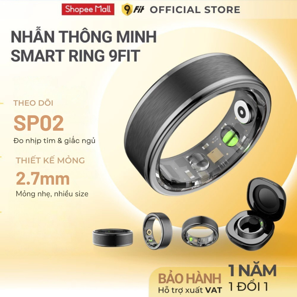 Nhẫn Thông Minh 9Fit, Smart Ring Theo Dõi Sức Khoẻ, Bước chân,  Đo Nhịp Tim, Giấc Ngủ, Chống Nước IP