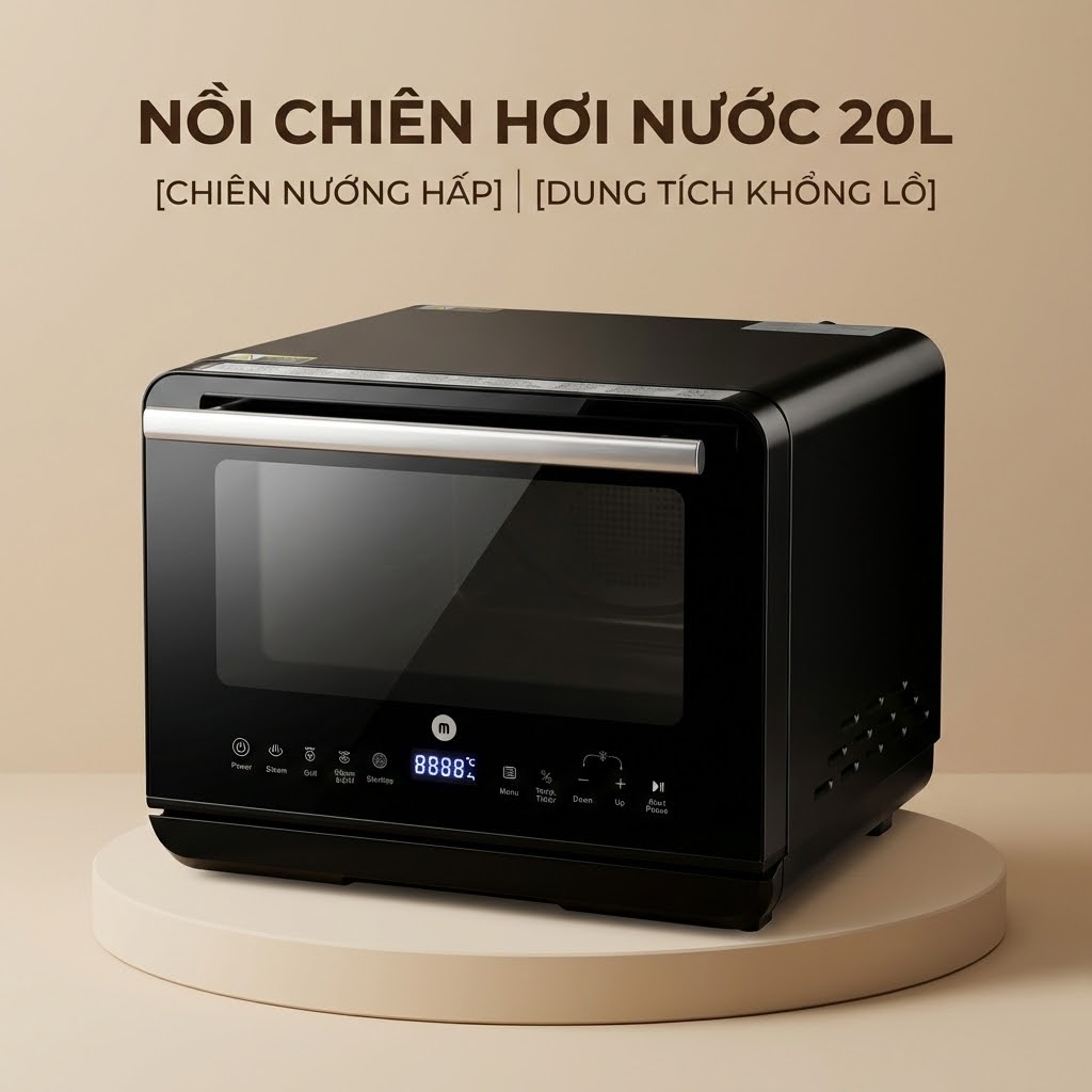 Nồi Chiên Không Dầu Kết Hợp Hơi Nước Mishio MK318 20L - Đen, 20 Lít, Kích Thước 47x43.5x34 cm