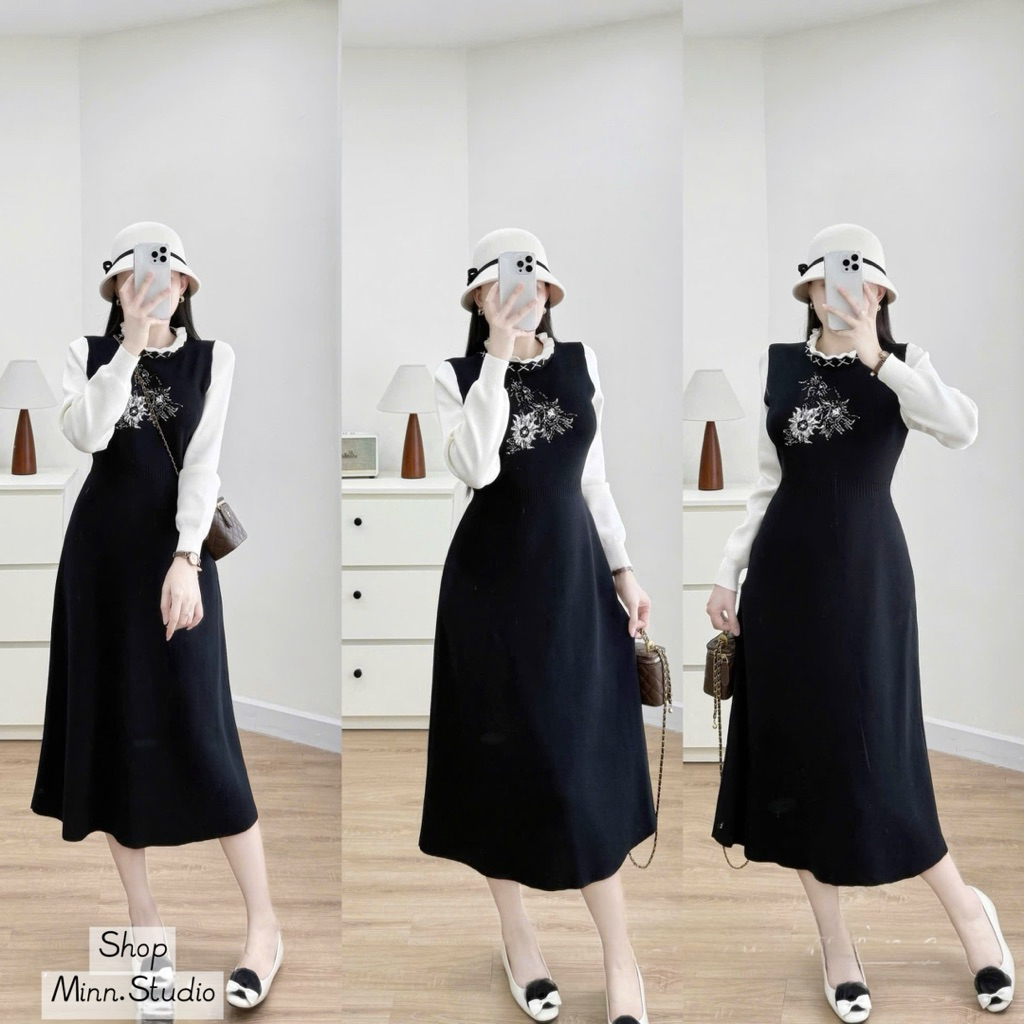 [Minn.Studio] Váy Len Dài Tay Cổ Bèo Thêu Hoa(Hàng QC)