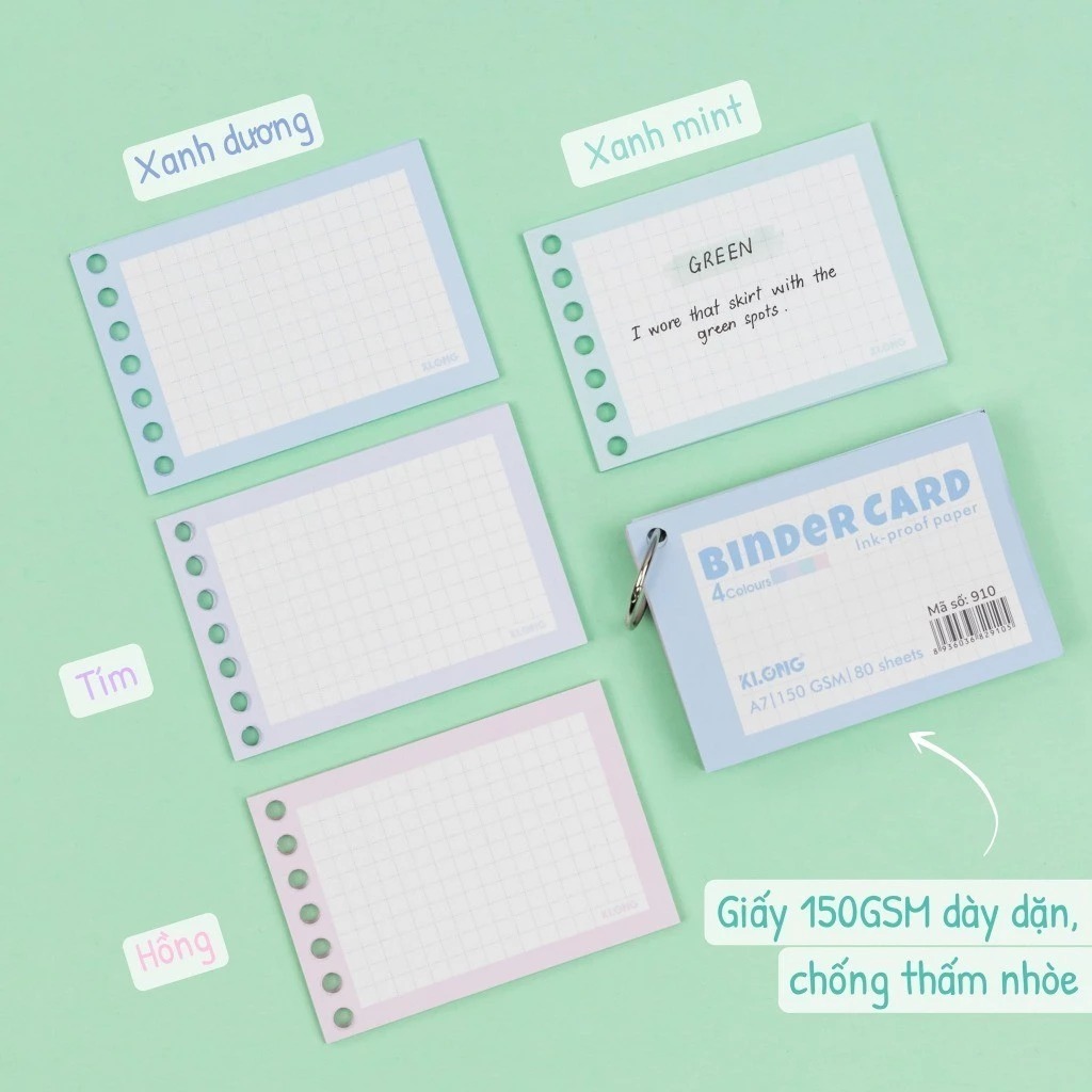 [Top Value] Tệp Binder Card giấy note index card cài sổ còng tiện lợi Klong 80 tờ A7 4 màu 150GSM MS