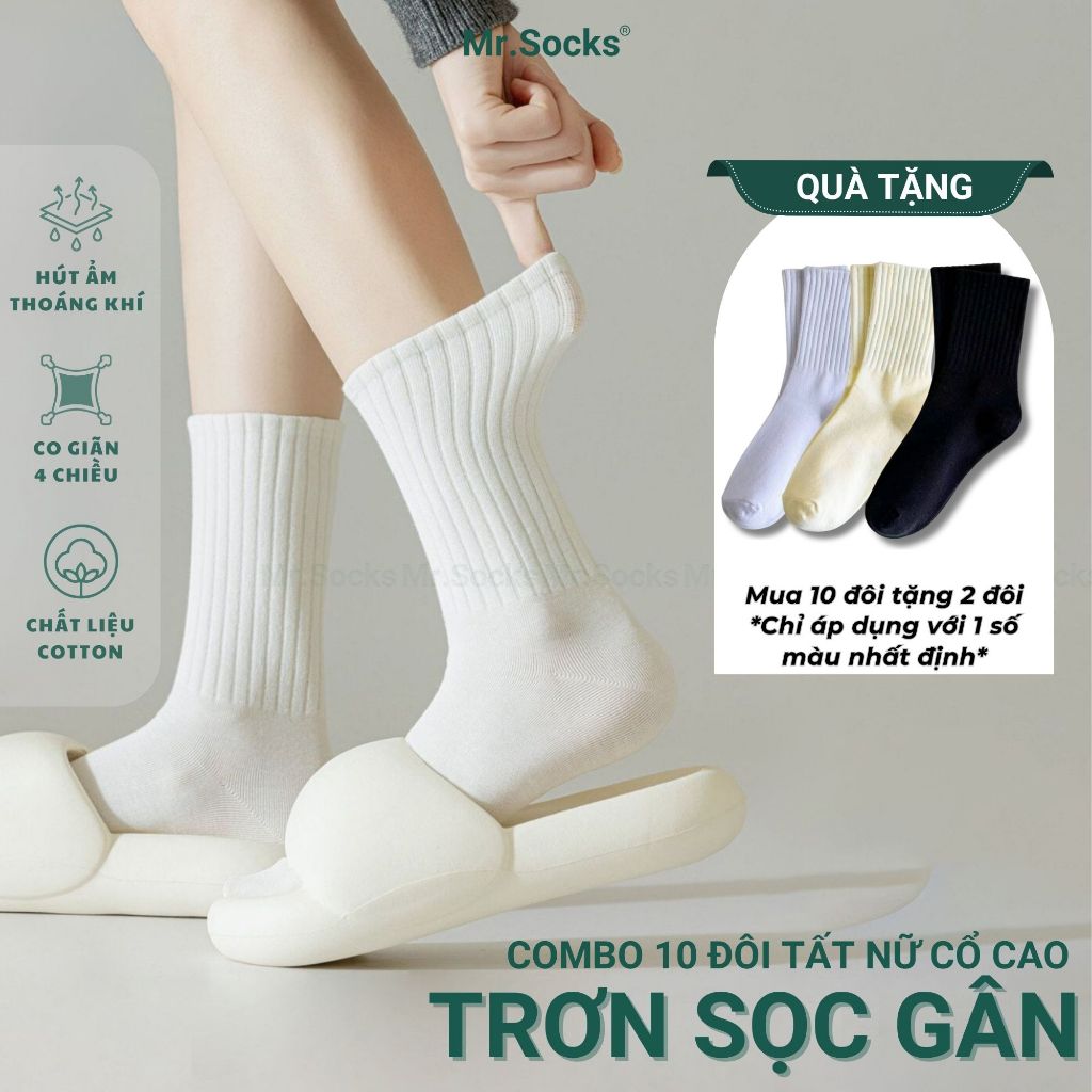 [MUA 10 TẶNG 2] Vớ Basic đi học, vớ cổ trung nữ Mr.Socks, tất trắng trơn chất vải co giãn bền màu, êm mềm mịn mát -1701