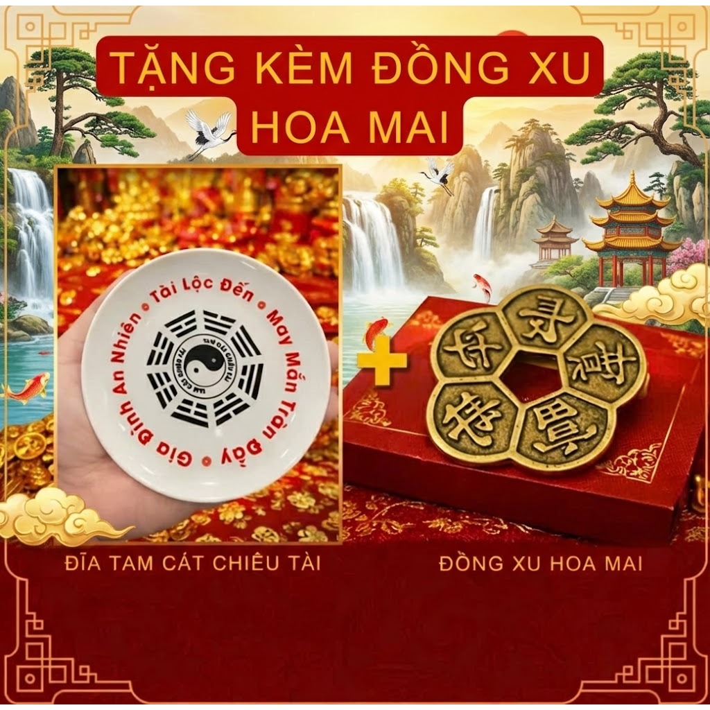 (TẶNG KÈM ĐỒNG XU HOA MAI) Đĩa Tam Cát Chiêu Tài Vạn Sự Hanh Thông