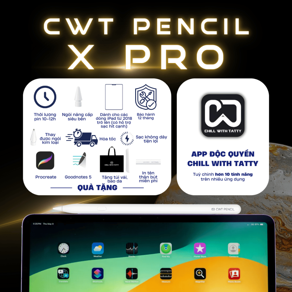 Bút cảm ứng hỗ trợ sạc không dây CWT PENCIL X PRO hít cạnh tiện lợi cho máy tính bảng i.o.s