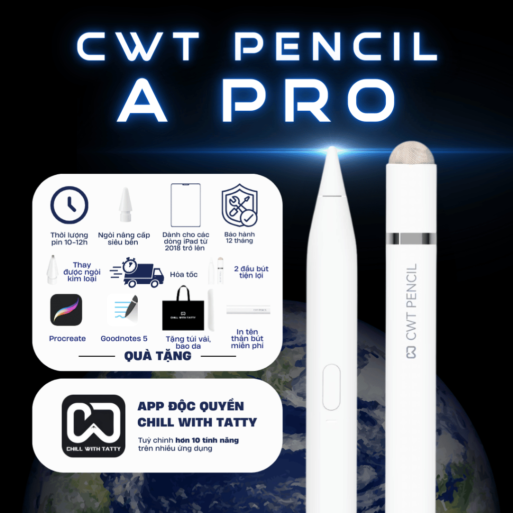 Bút cảm ứng CWT PENCIL A PRO dùng được trên mọi thiết bị máy tính bảng, điện thoại cảm ứng
