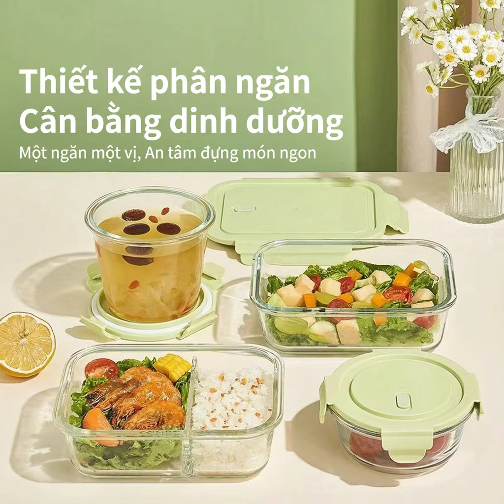 Hộp Ăn Trưa 3 Ngăn Thủy Tinh | Thiết Kế Ngăn Rời Tiện Lợi, Chống Rò Rỉ | Dùng Cho Văn Phòng, Đi Học, Lò Vi Sóng