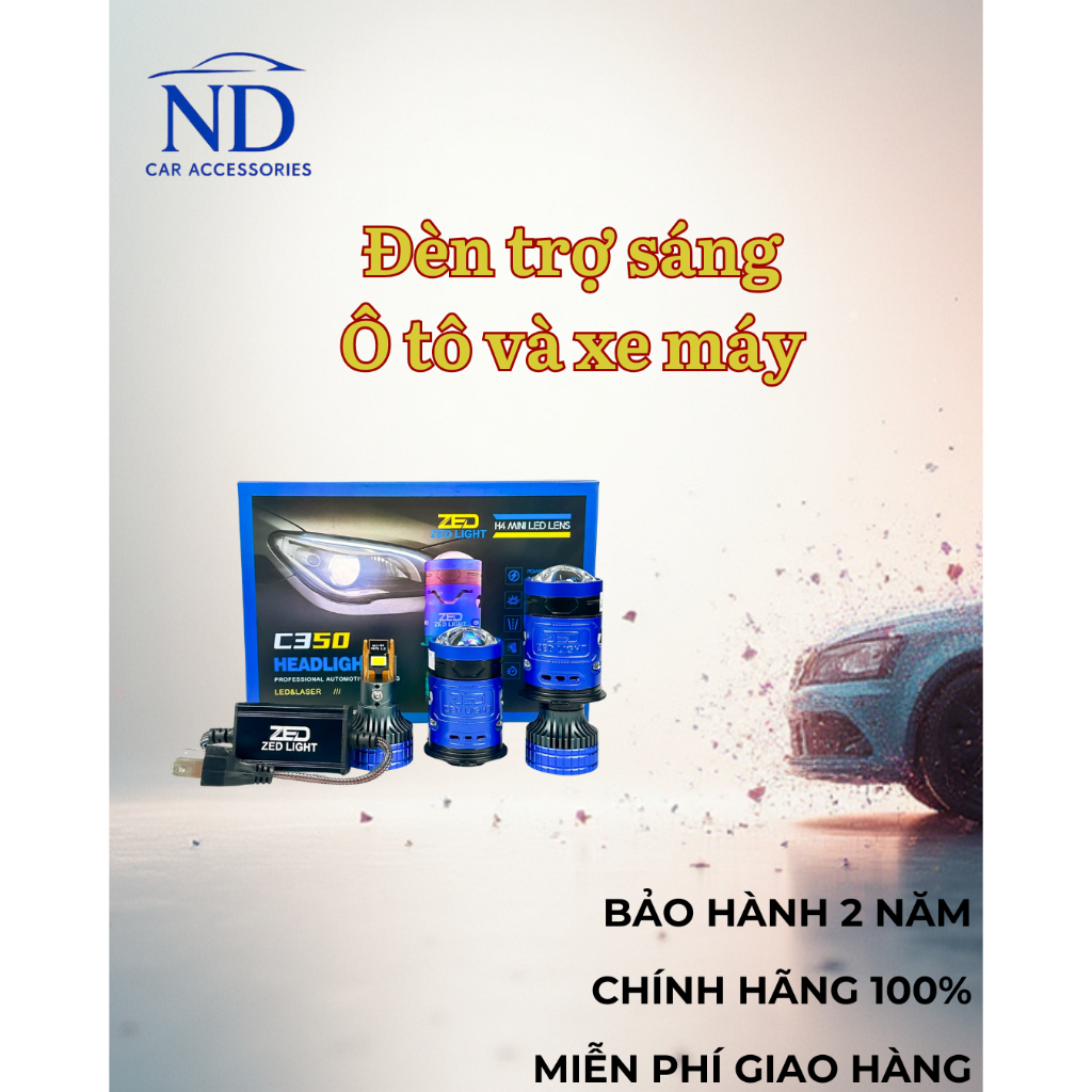 ZED LIGHT Đèn Pha LED Bi Cầu Mini C350 Chân H4 180W 30000LM 6000K & Trợ Pha Laser Vàng 4300K Tuổi Th