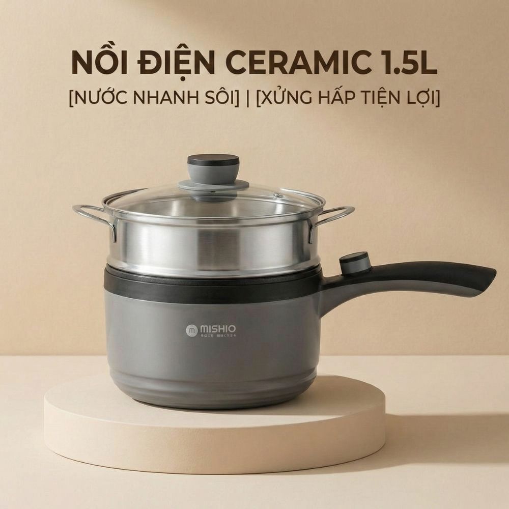 Nồi điện ceramic 1.5L kèm xửng hấp inox 304 Mishio MK321