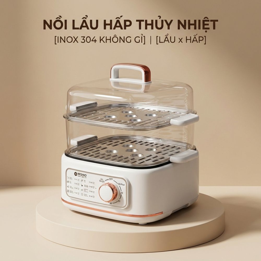 Nồi lẩu hấp thủy nhiệt Mishio MK382 khay hấp inox 304
