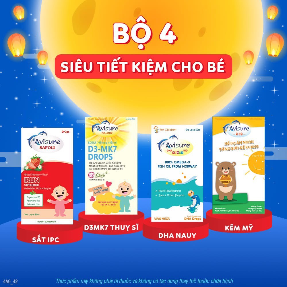 Bộ vi chất Avisure ( 20ml) -  nhỏ giọt thiết yếu cho bé - Avisure DHA, sắt Safoli drop vitamin D3-MK