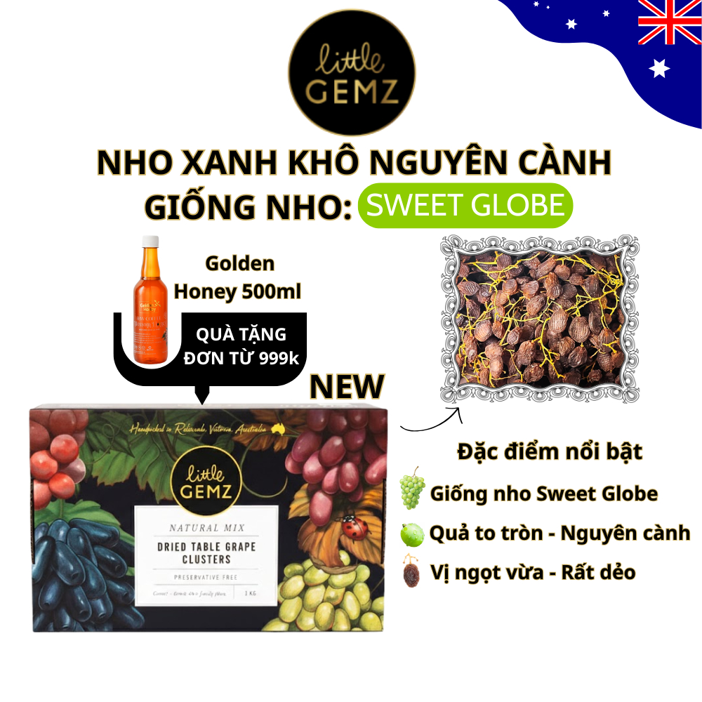 [NEW] Nho khô nguyên cành, giống nho xanh Little Gemz Sweet Globe Table Grapes (1KG)