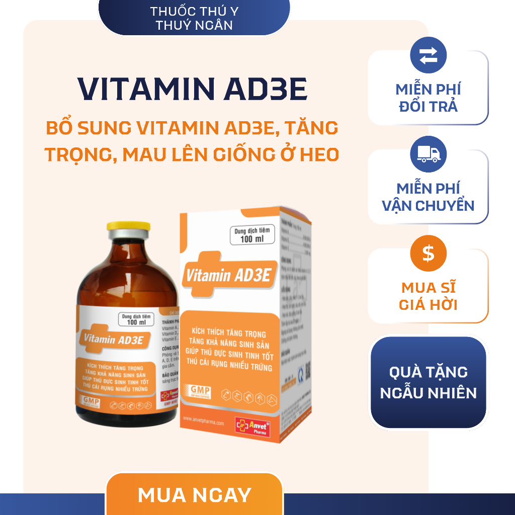Vitamin AD3E giúp bổ sung vitamin và dinh dưỡng, kích thích tăng trọng trên heo