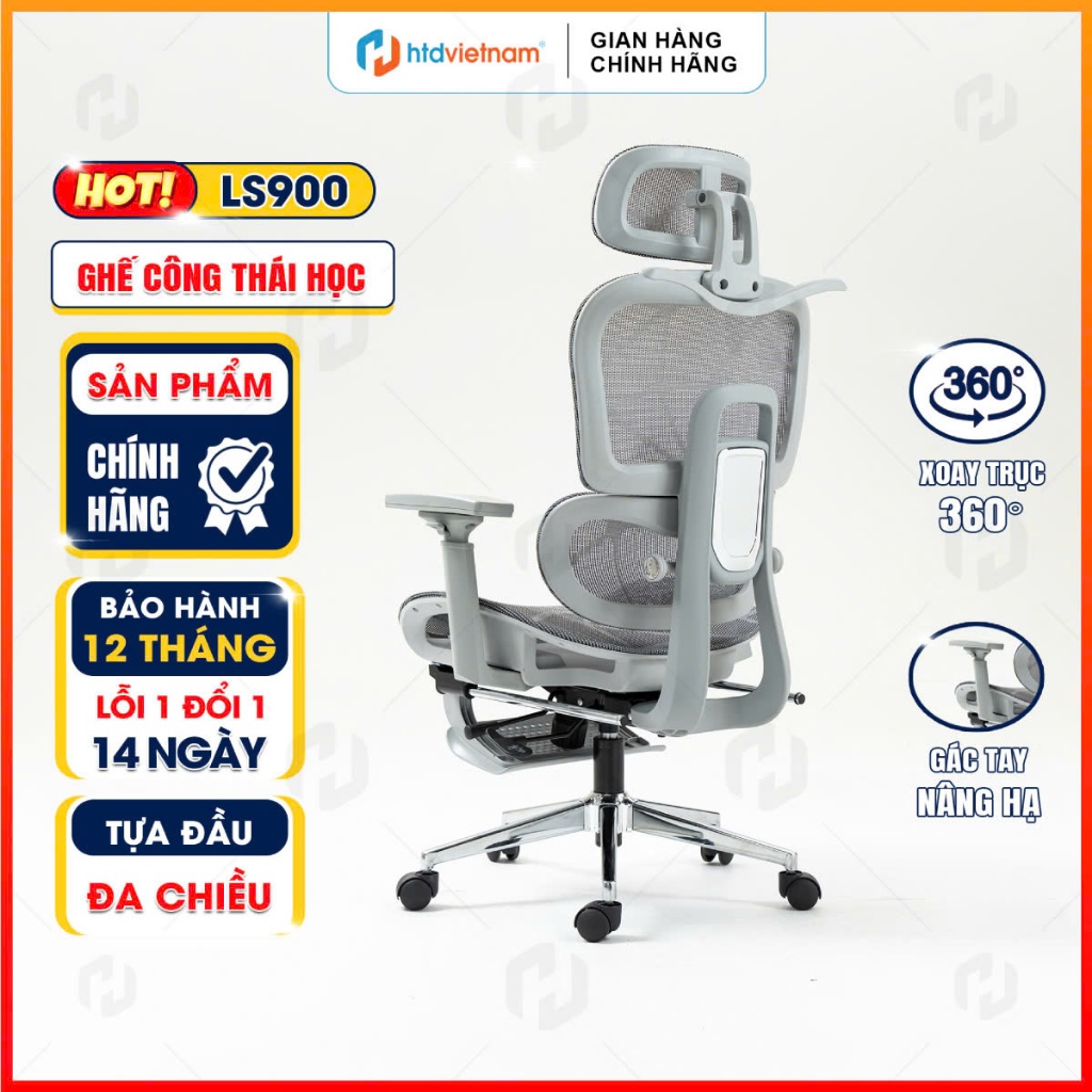 Ghế Công Thái Học Ergonomic LS900 Full Lưới, Tựa Lưng Chỉnh Cao Thấp, Ngả 135°, Thoáng Khí, Phù Hợp 