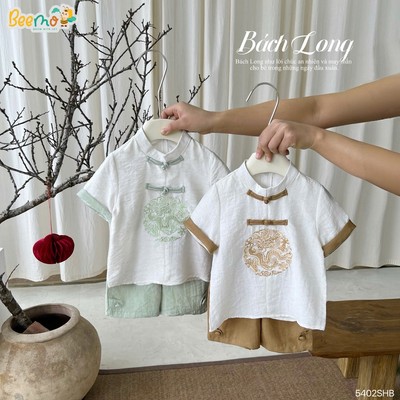 Set bộ tơ bạch long Beemo cổ tàu thêu rồng vải tơ cao cấp cho bé trai mặc mùa hè từ 9-24kg 5402SHB