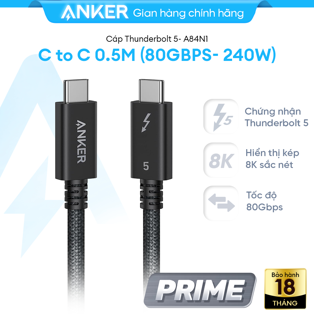 [NEW] Cáp Anker Prime Thunderbolt 5 80Gbps 240W 0.5m Hỗ trợ 8K, Sạc nhanh MacBook, iPhone 15/16, iPa