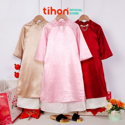 Áo dài bé gái TIHON cao cấp áo dài Tết lụa trơn mềm mịn đính ngọc set kèm quần SET0744109