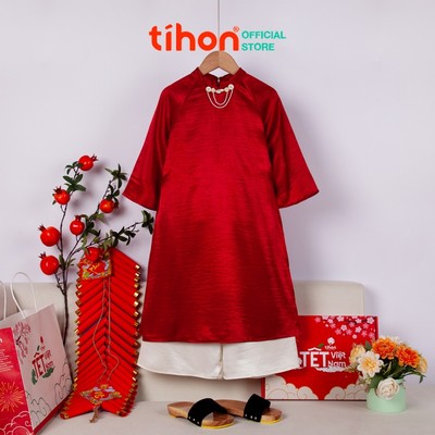 Áo dài Tết, áo dài TIHON cho bé áo chất lụa mềm mại dài truyền thống đính ngọc 3 màu hồng, nâu, đỏ SET0744109