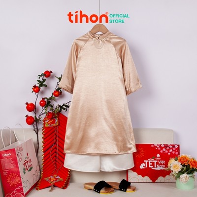 Áo dài lụa Tết, áo dài TIHON cho bé áo dài truyền thống đính ngọc 3 màu hồng, nâu, đỏ SET0744109
