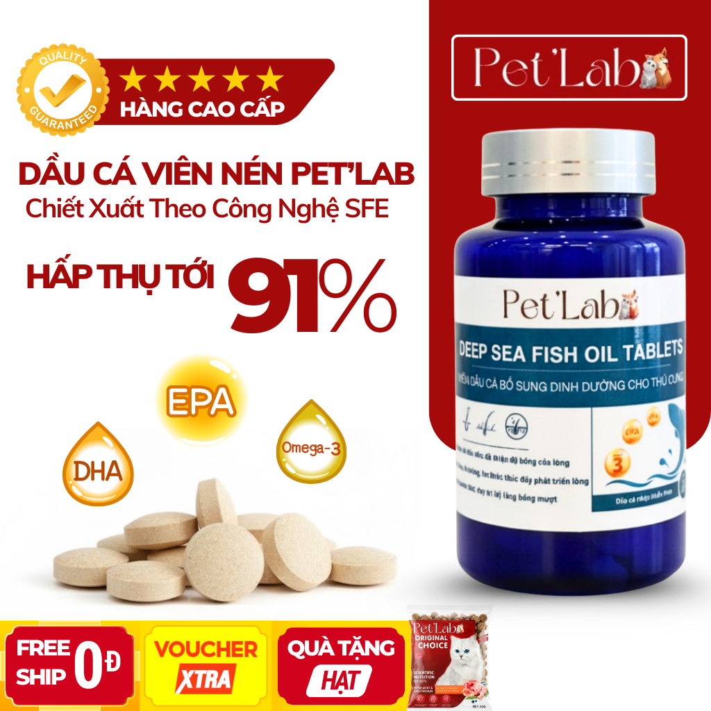 Hũ 200 viên dầu cá cao cấp dạng viên nén cho mèo chó Pet'Lab, bổ sung Omega 3 EPA DHA