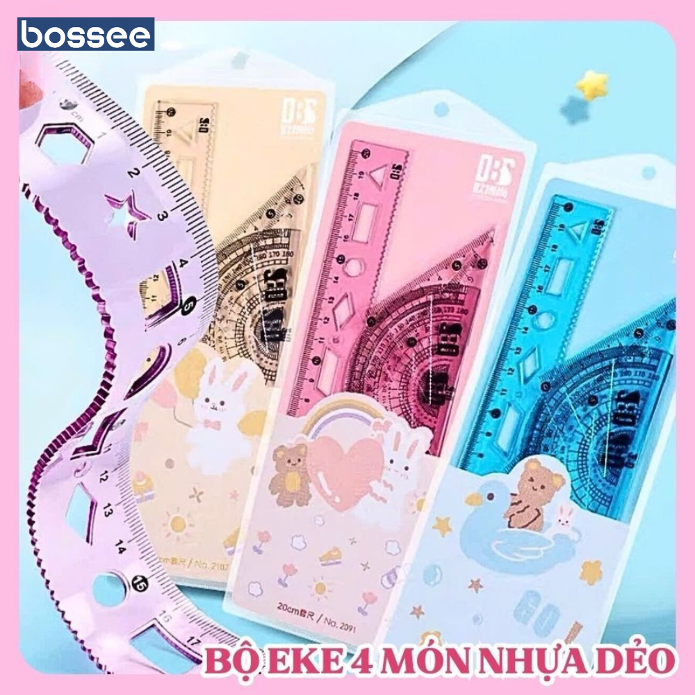 Bộ thước kẻ dẻo, thước đo độ, eke 20cm - Bộ dụng cụ eke nhựa dẻo không gãy tiện lợi