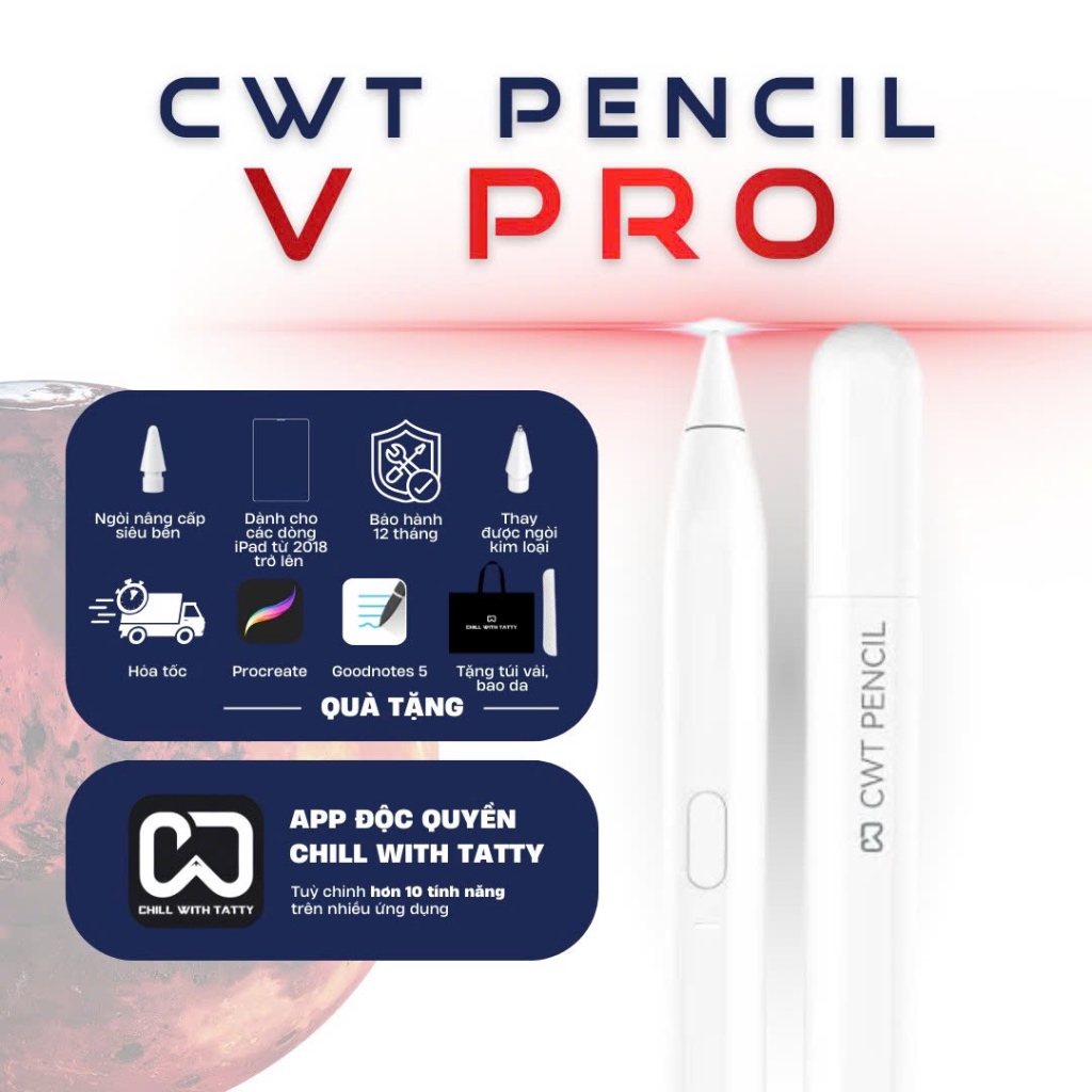 Bút cảm ứng CWT PENCIL V PRO dùng cho máy tính bảng i.o.s từ 2018 trở đi, có hỗ trợ tì đè | BigBuy360 - bigbuy360.vn