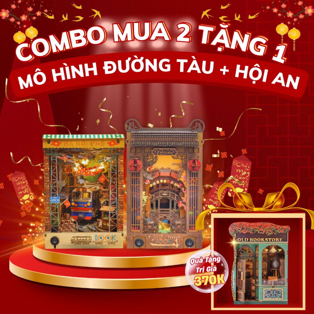 Combo Book Nook Đường Tàu Hà Nội & Hội An DIY 3D Có Đèn LED Trang Trí Kệ Sách | Tặng 1 Old Bookstore