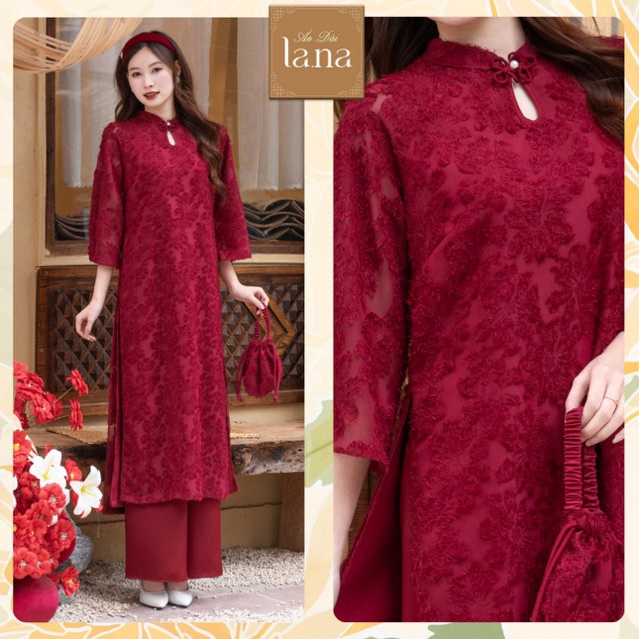 Áo dài tết cách tân thiết kế Nguyệt Cầm – Nguyệt Ngân tơ lông cao cấp họa tiết nổi, cổ khoét tinh tế