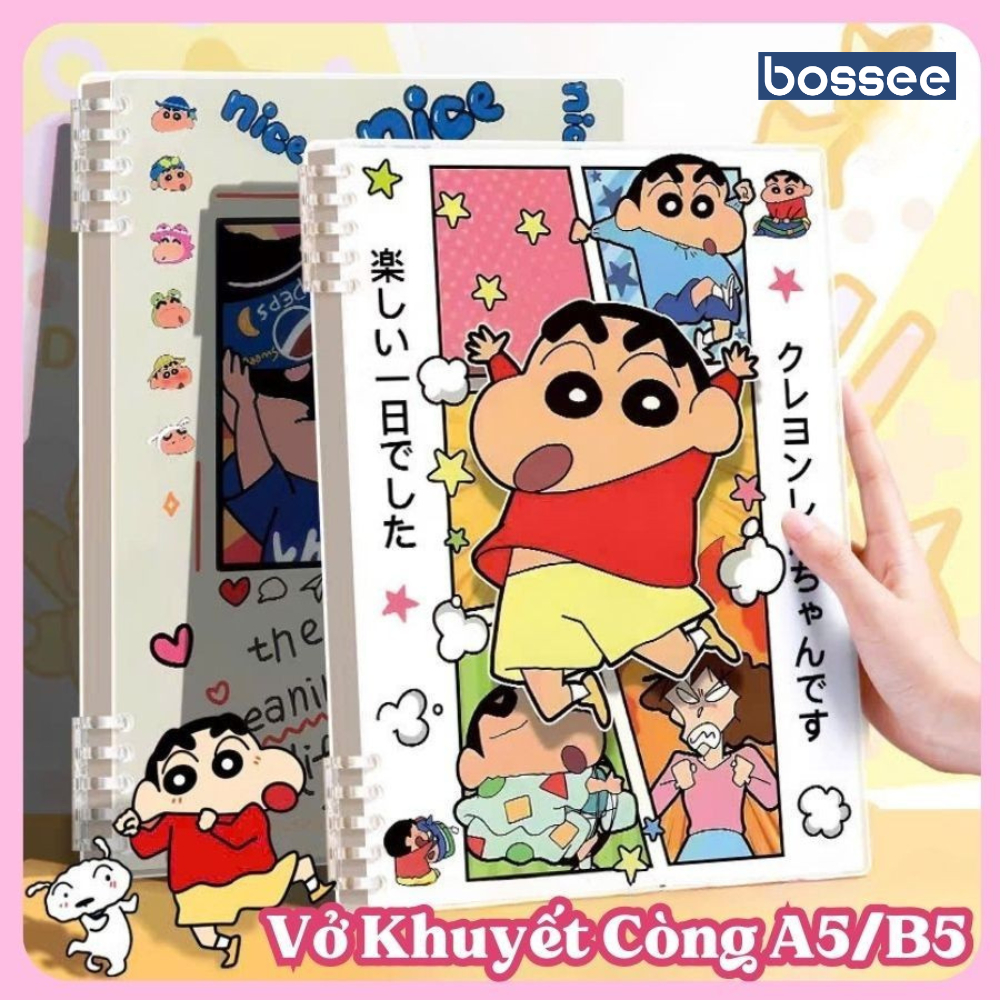 Vở A5/B5 Shin Cậu Bé Bút Chì Bossee 120 Trang, Sổ Khuyết 10 Còng, Họa Tiết Shin-chan Vui Nhộn