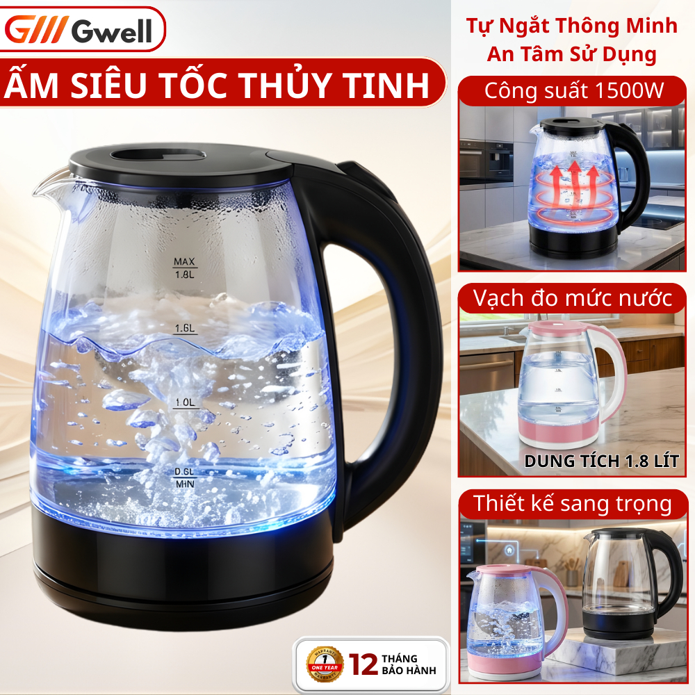Ấm Siêu Tốc Thủy Tinh ST20, Bình Đun Nước Siêu Tốc Dung Tích 1.8L , Công Suất 1500W BẢO HÀNH 1 NĂM