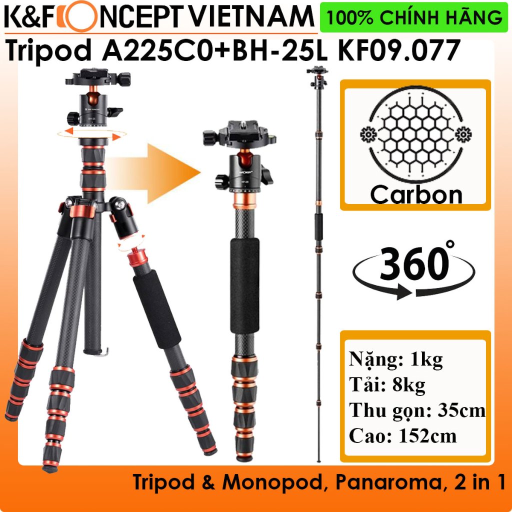 Chân máy ảnh K&F Concept carbon A225C0+BH-25L (KF09.077V3), Cao 1.52/Gấp gọn 35cm/Nặng 1kg/ Tải 8kg/