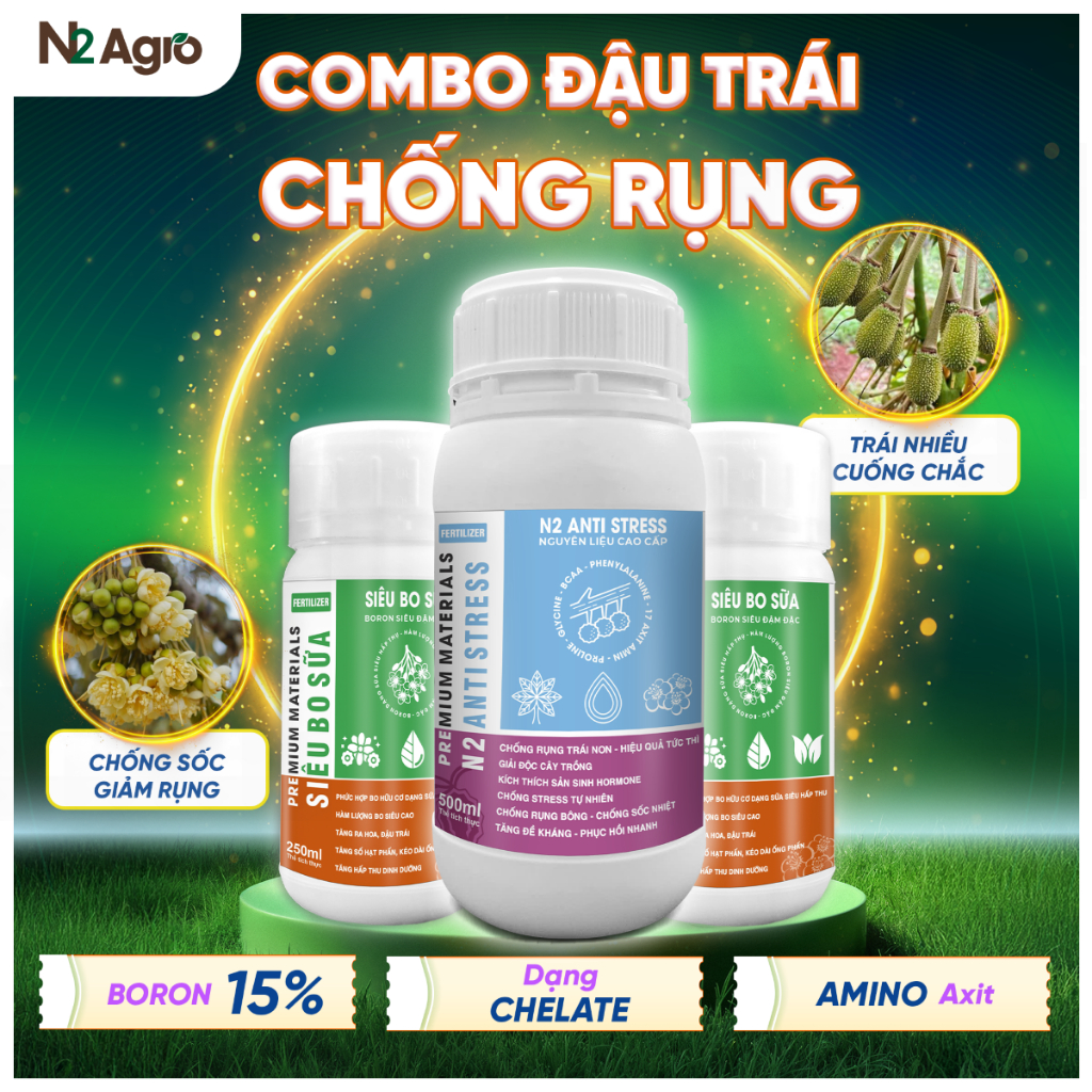 COMBO Đậu Trái Chống Rụng - Gồm 2 Chai Siêu Bo Sữa N2 Agro Giúp Tăng Đậu Trái 250ml Và 1 Chai N2 Ant