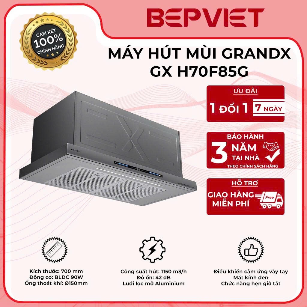 Máy hút mùi Grandx GX H70F85G/ H70F85B công suất 1150m3/h. Bảo hành motor 4 năm, máy 3 năm tại nhà.