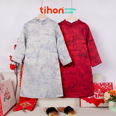 Áo dài tết TIHON áo dài cho bé trai chất gấm cao cấp 2 màu họa tiết tranh thủy mặc AD0744120