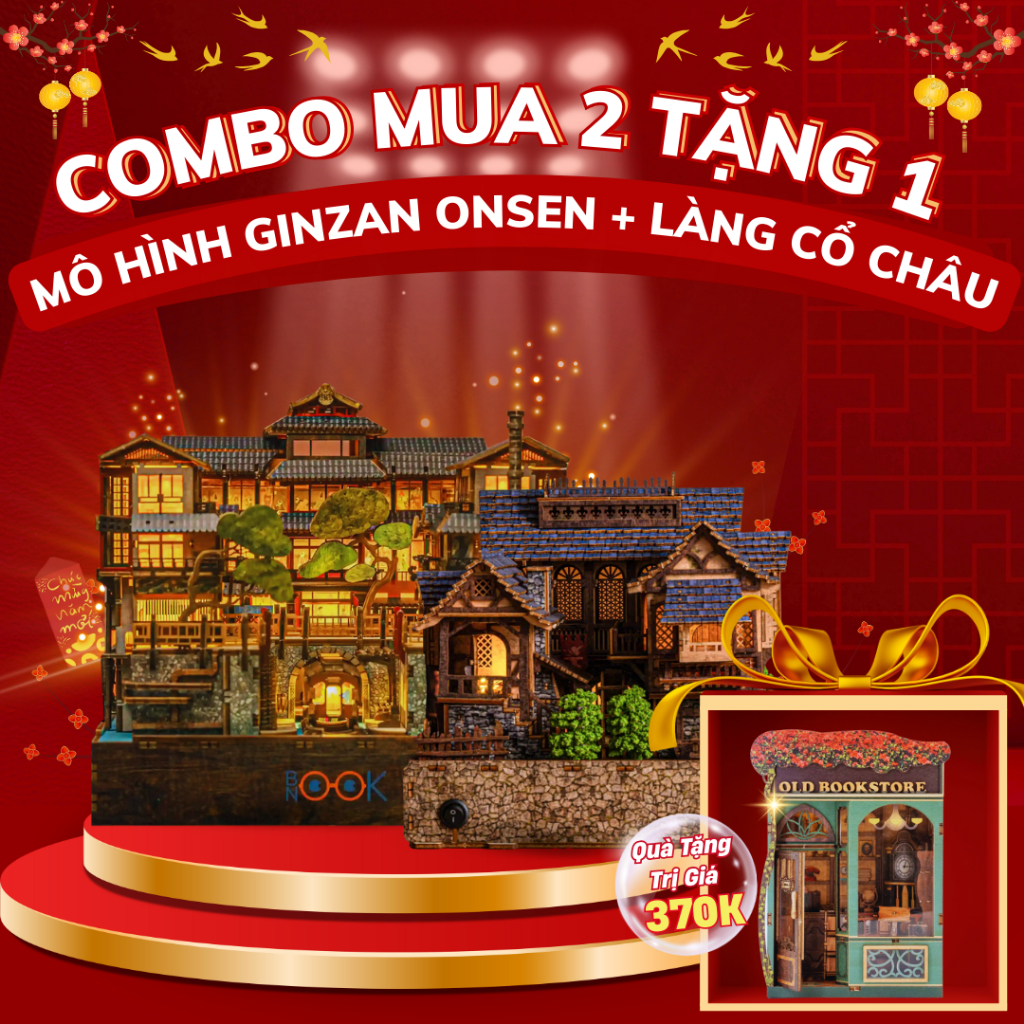 Combo Book Nook Ginzan Onsen Nhật Bản + Làng Cổ Châu 3D Có Đèn LED | Mua 2 Tặng 1 Old Bookstore