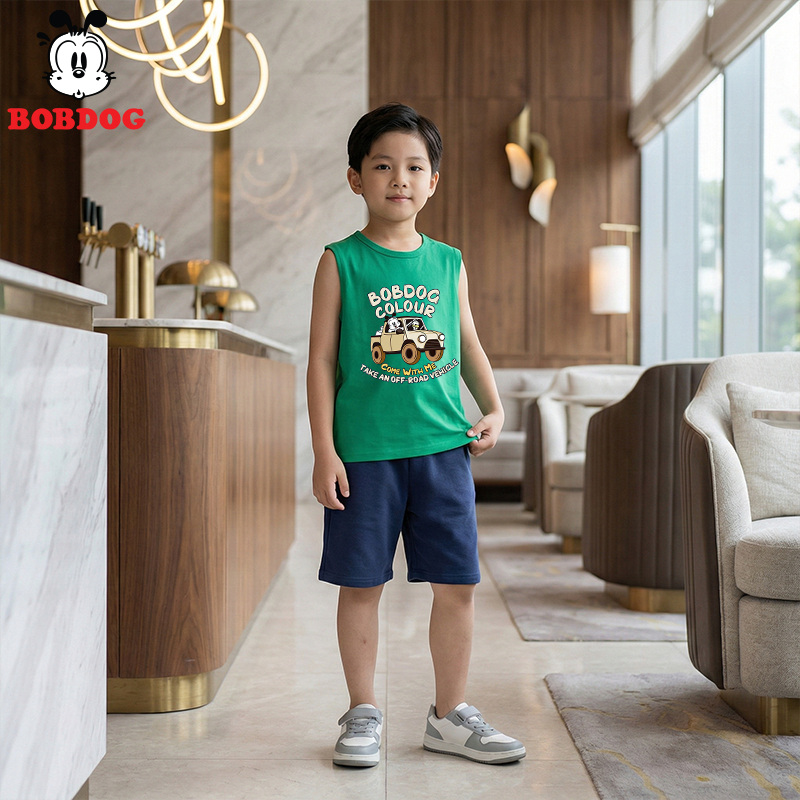 Áo ba lỗ bé trai 2025 BOBDOG, áo thun chất cotton in hình ô tô BOBDOG cho bé