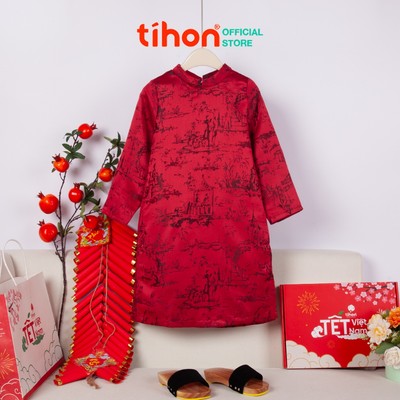 Áo dài bé trai TIHON cao cấp áo dài Tết truyền thống chất gấm 2 màu xanh đỏ in họa tiết AD0744120