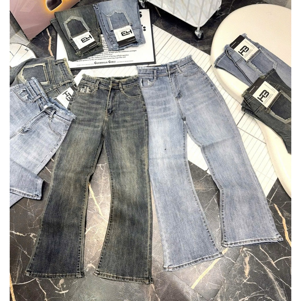 Quần Jean Ống Loe 9 Tấc Rách Túi Kiểu Chất Jean Dày Dặn Co Giãn -MOXIE BOUTIQUE-