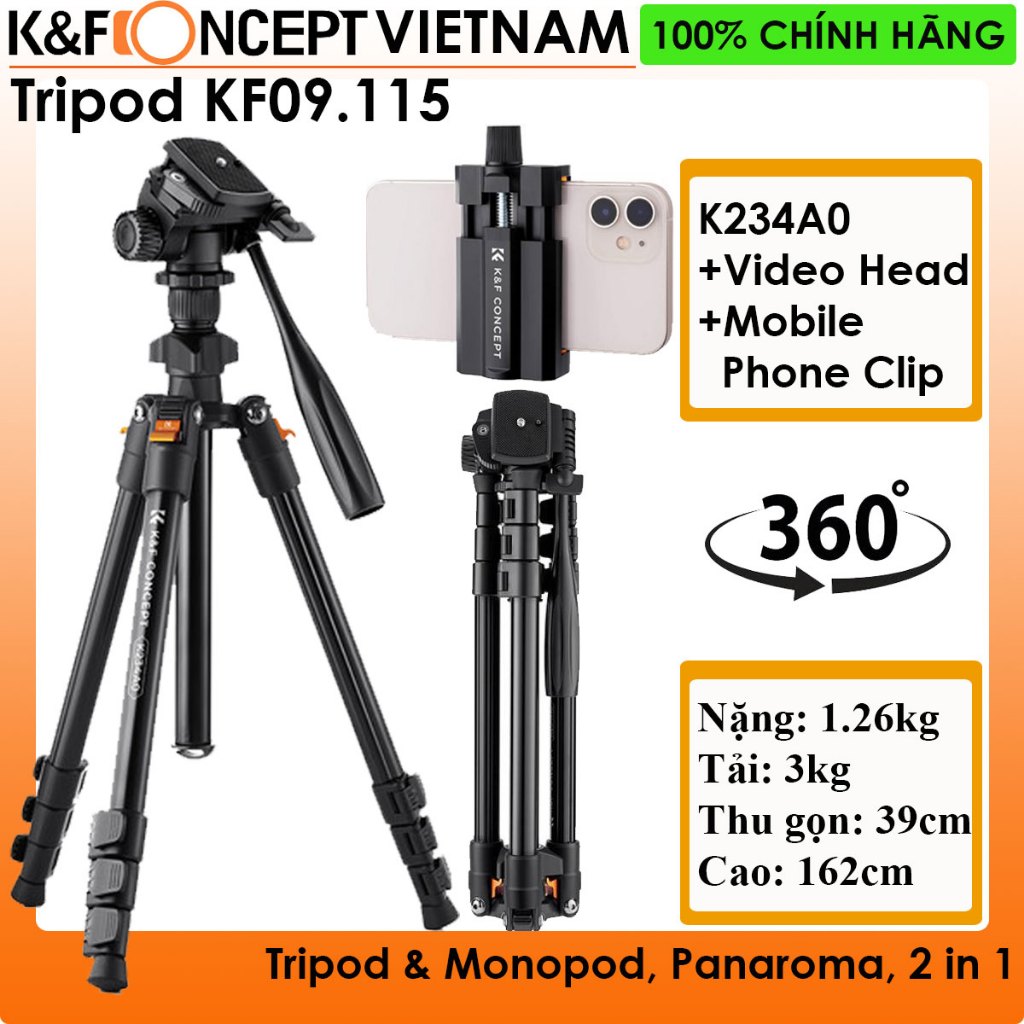 Chân máy ảnh K&F Concept K234A0+Video Head+Mobile Phone Clip - KF09.115