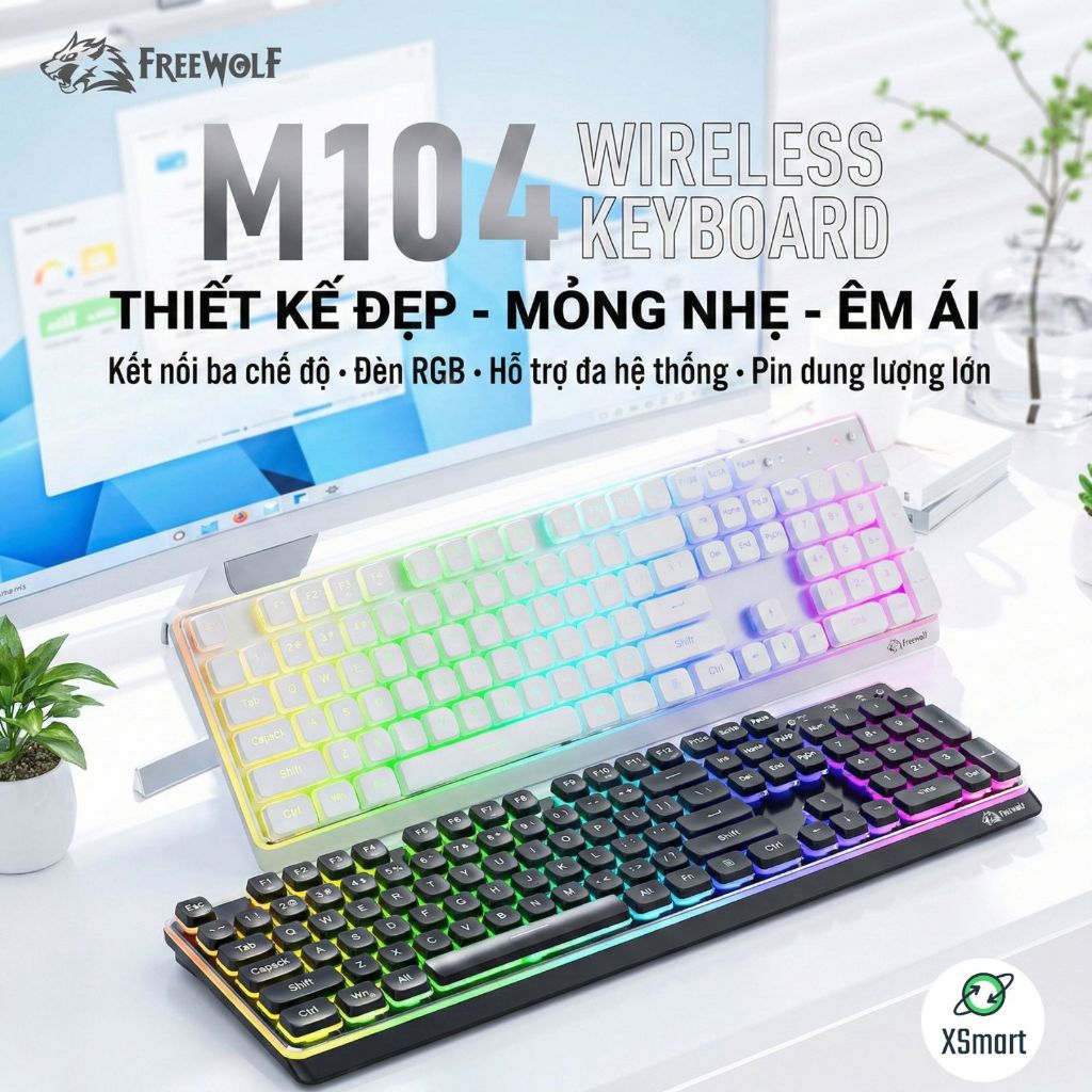 Bàn Phím Bluetooth Không Dây FreeWolf M104 Pin 4000mAh, 3 Mode Kết Nối, LED RGB, Công Thái Học Gõ Êm | BigBuy360 - bigbuy360.vn