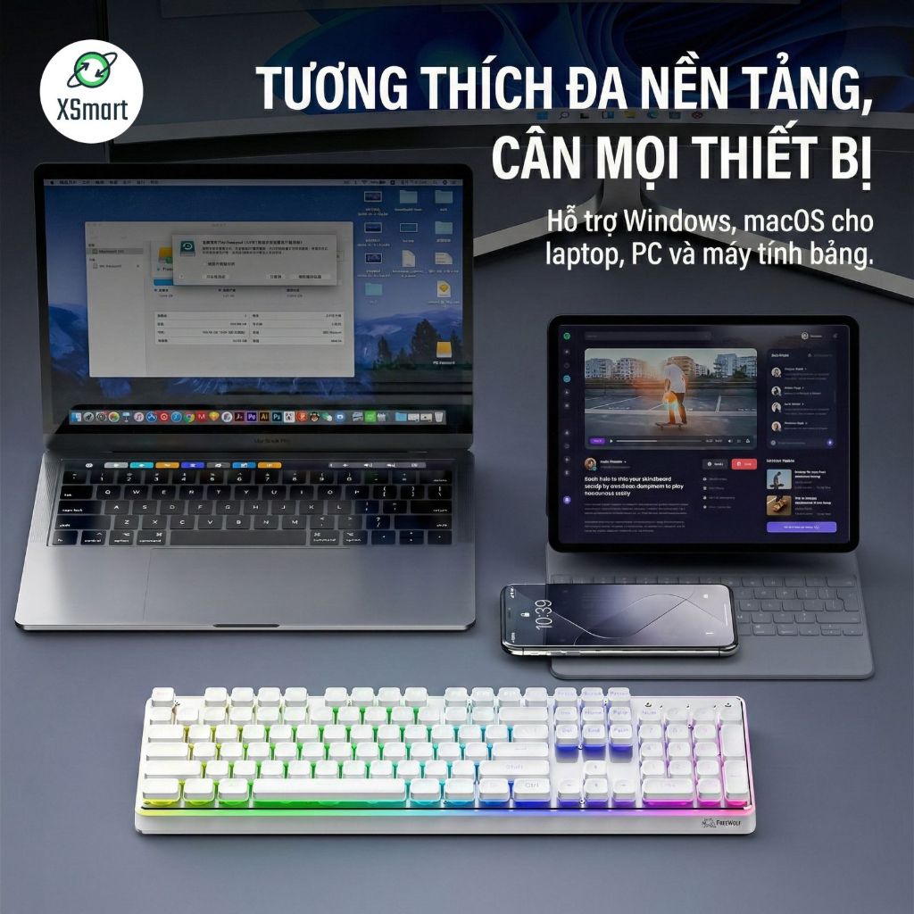Bàn Phím Bluetooth Không Dây FreeWolf M104 Pin 4000mAh, 3 Mode Kết Nối, LED RGB, Công Thái Học Gõ Êm | BigBuy360 - bigbuy360.vn