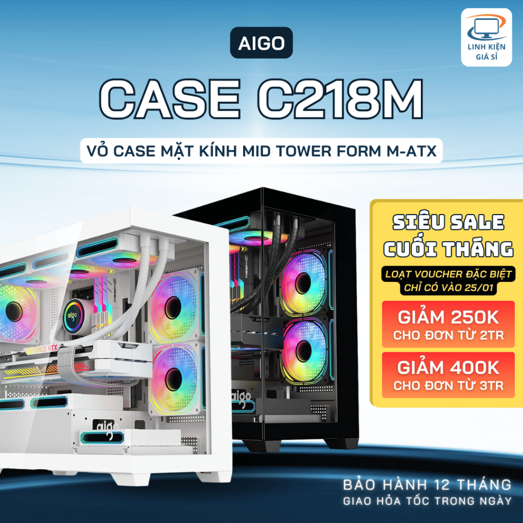 Vỏ Case Máy Tính Mini Tower Aigo C218M Vỏ PC M-ATX Bể Cá Mặt Kính Cường Lực Chính Hãng Bảo Hành 12 T