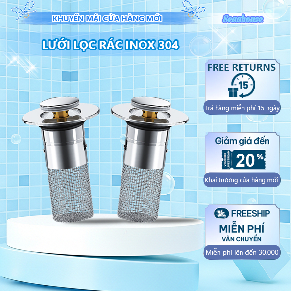 Nút Nhấn Xả Lọc Rác Ngăn Mùi Bồn Rửa Mặt Lavabo Inox + Lõi Đồng Cao Cấp- Lõi Bật Nẩy Lọc Rác Tóc Chống Côn Trùng