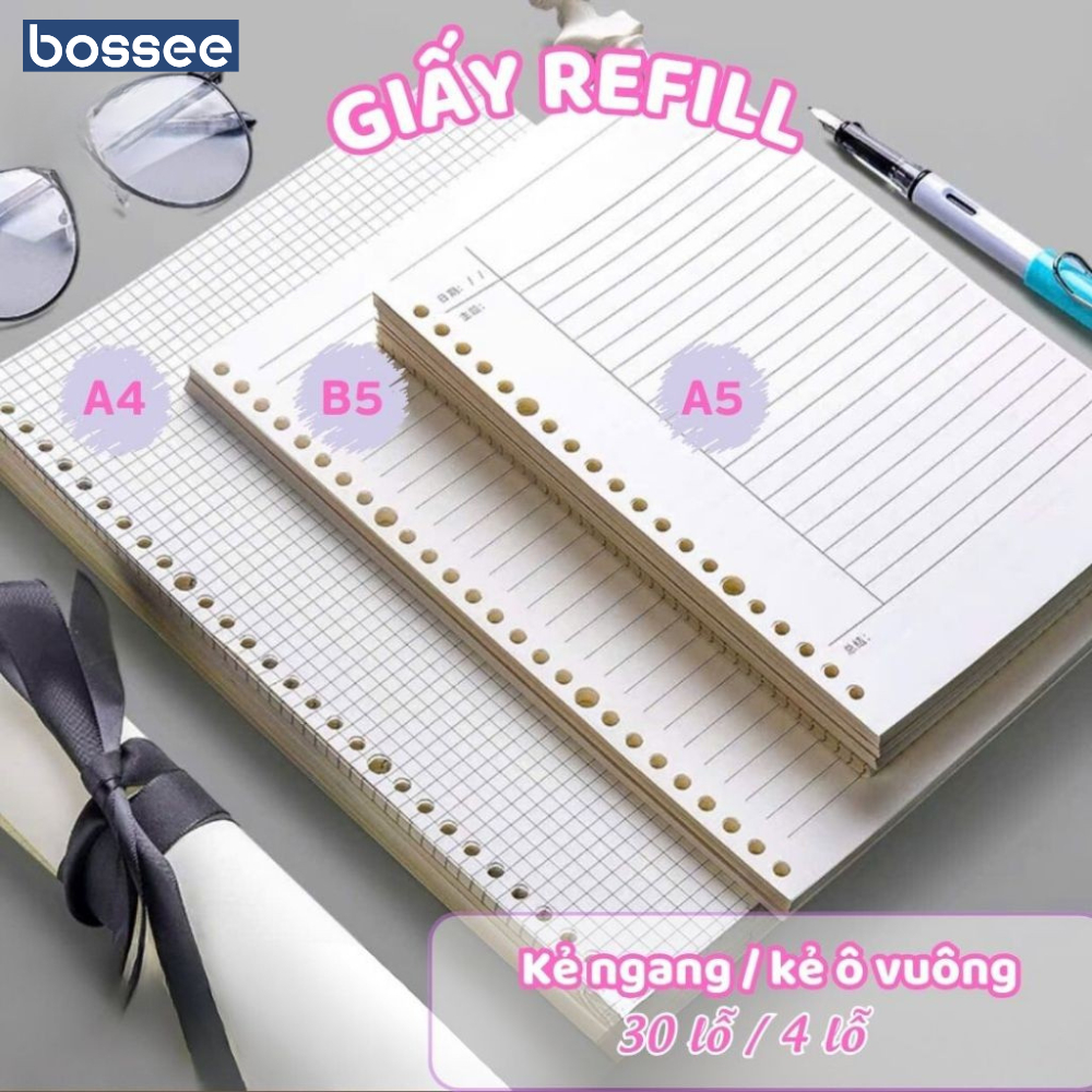 Giấy refill sổ còng A5 B5 A4, ruột sổ còng loại 4 6 9 20 26 30 lỗ tròn ruột giấy kẻ ngang/kẻ vuông