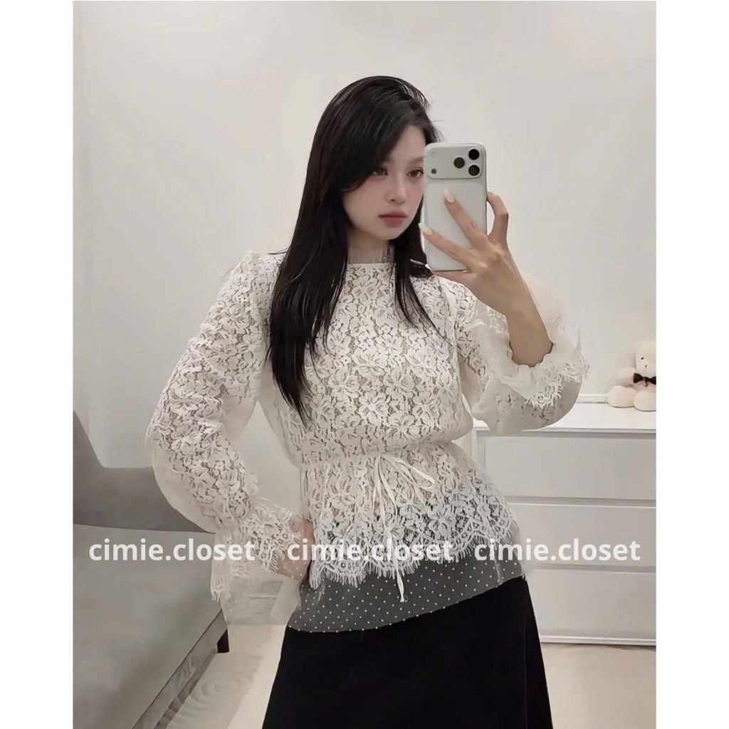 Áo ren hoa phối lưới bi dây rút eo nơ tay bồng loe by Cimie Closet