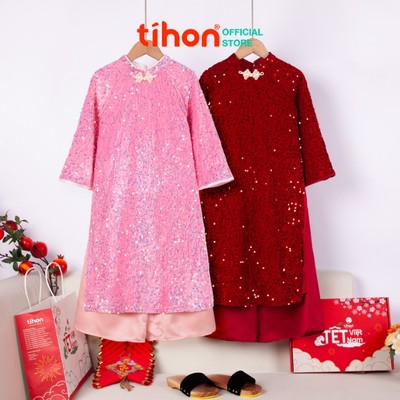 Áo Dài Tết Bé Gái TIHON Áo Dài Tết Chất Nhung Kim Sa Cao Cấp Lót Lụa Mềm, Cổ Đính Ngọc AD0744107