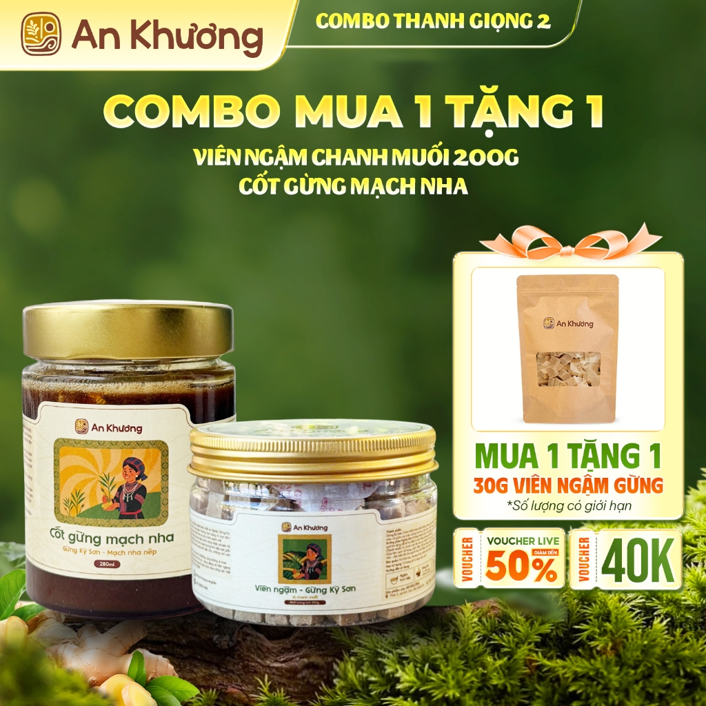 Combo An Khương Thanh Giọng 1 Gừng Tắc Đường Phèn 220ml và Viên Ngậm Gừng Chanh Muối 200g Hỗ Trợ Làm