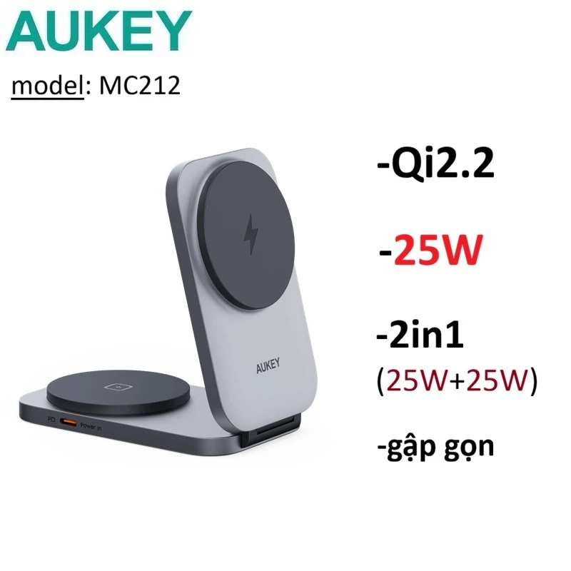Sạc không dây Qi2.2 25W Aukey MagFusion L Pro 2in1 (LC-MC212) -Bảo Hành 12 tháng