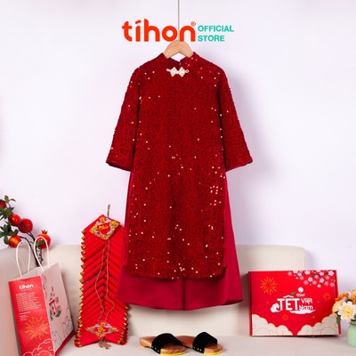 Áo dài tết bé gái TIHON áo dài truyền thống nhung kim tuyến lót lụa mềm cổ đính ngọc AD0744107