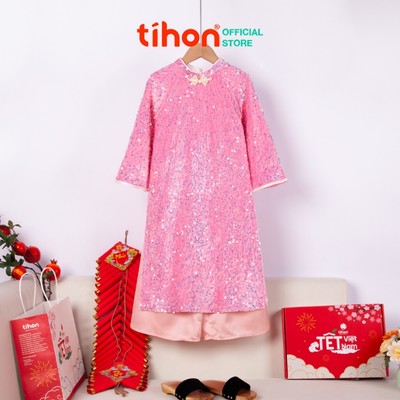 Áo Dài Tết Bé Gái TIHON Áo Dài Truyền Thống Nhung Kim Tuyến Lót Lụa Mềm, Cổ Đính Ngọc AD0744107