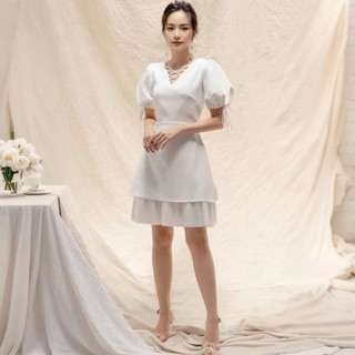 Đầm dự tiệc màu trắng phối dập li thanh lịch (kèm hình thật)